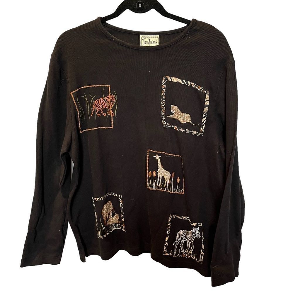 Tantrums Women's Cotton Long Sleeve Top Size Large Black with Animal patches